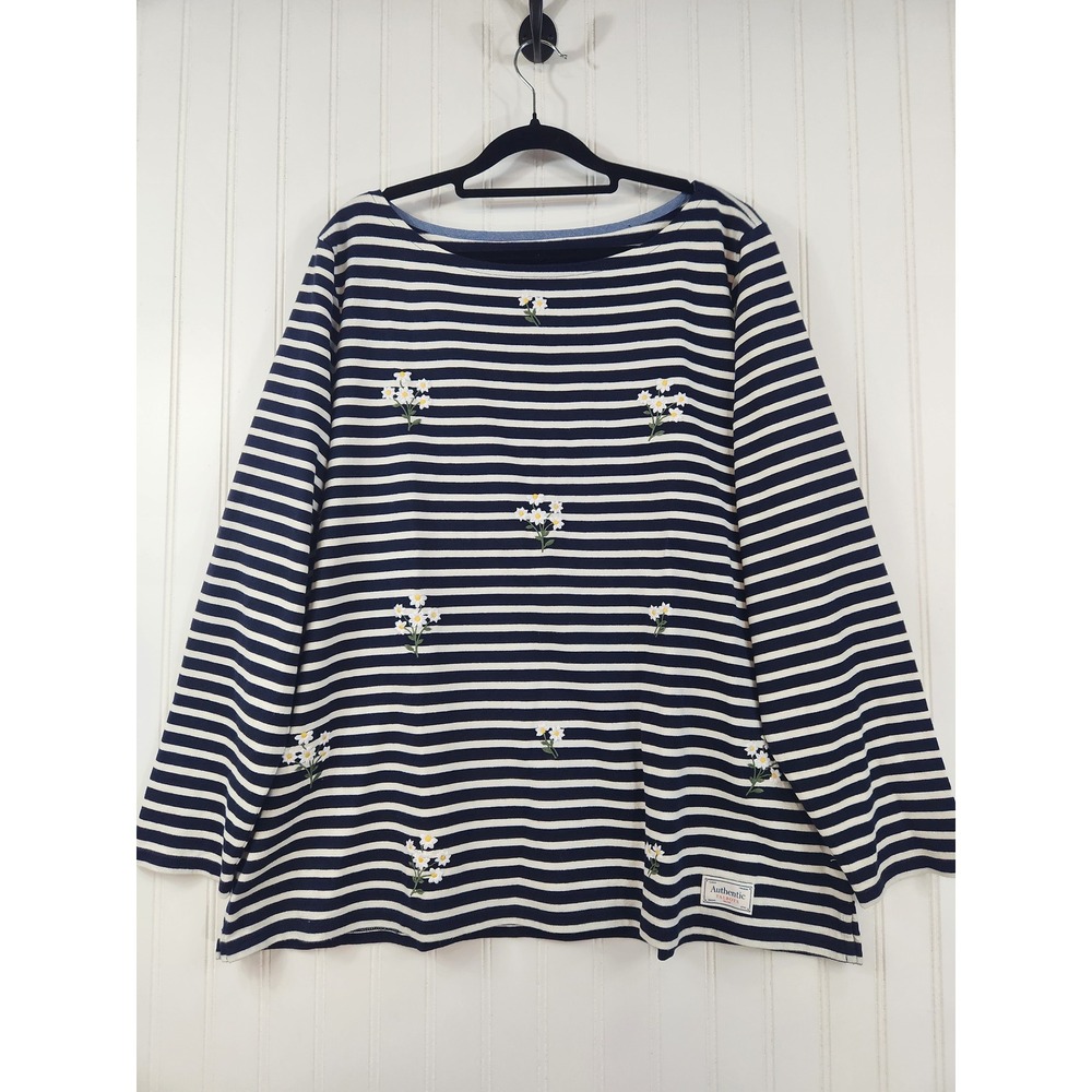 Talbots Navy White Striped Daisy Embroidered Boatneck Top 2X Cotton Nautical